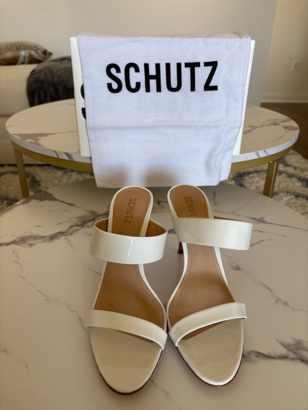 SCHUTZ Cream Patent Double-Strap Slide Mules